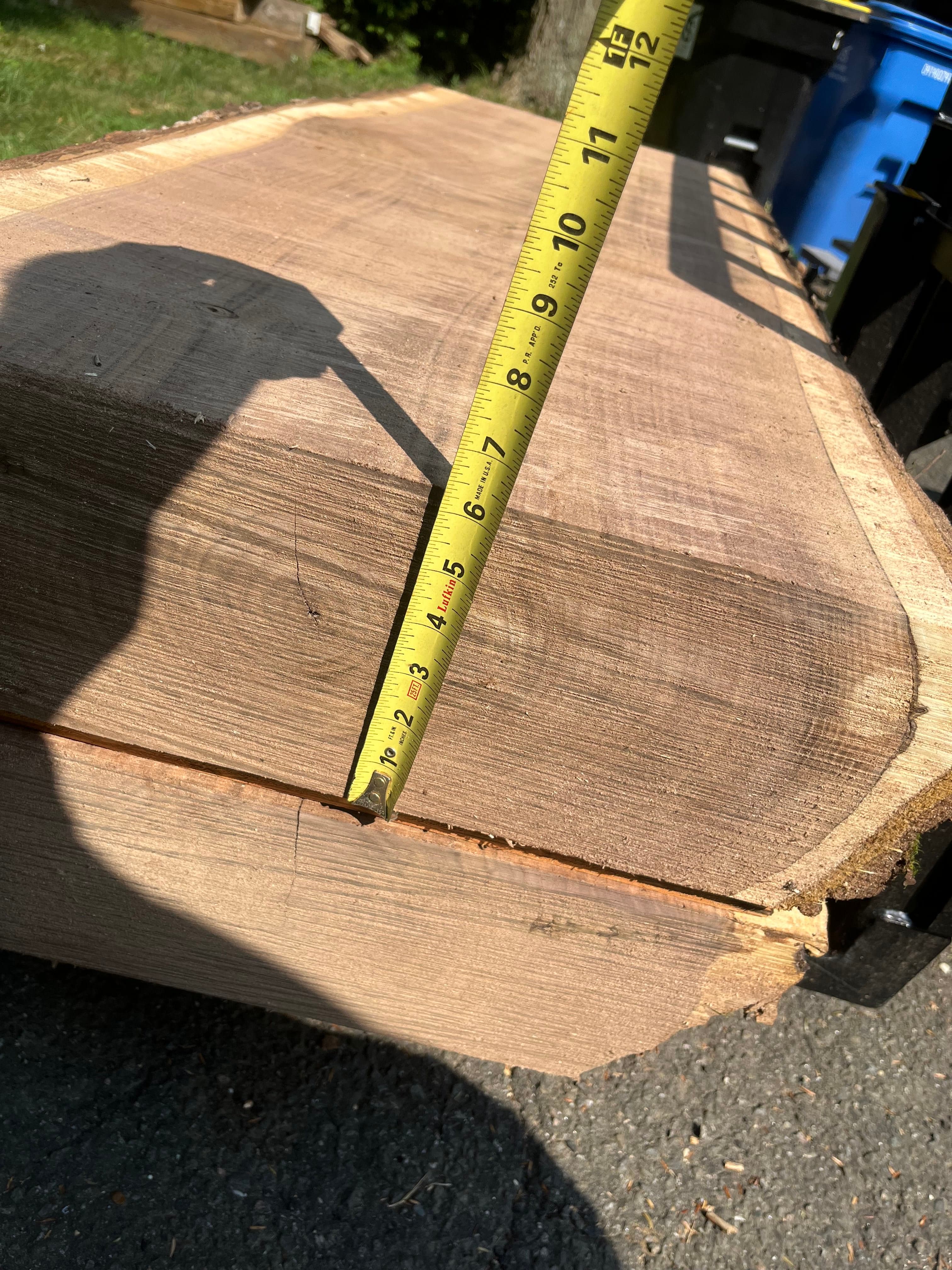 Tape measure held against slab end grain, close crop showing the craft